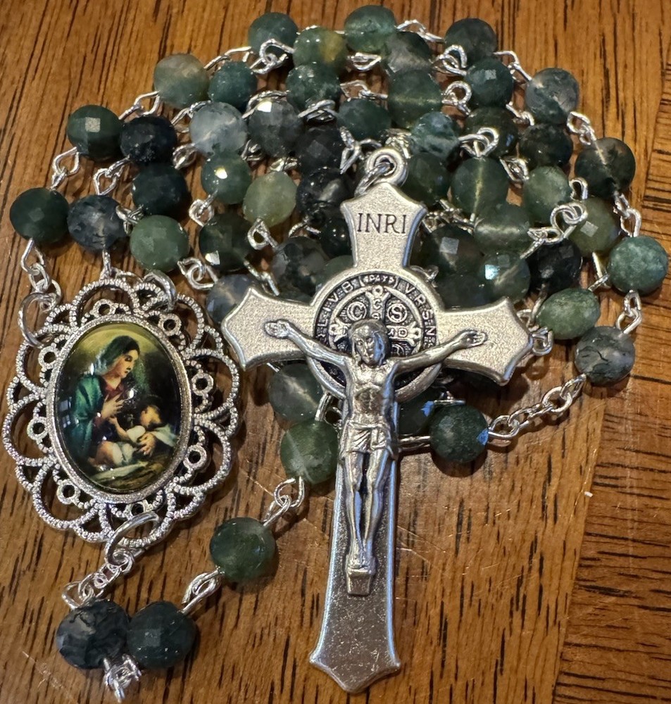 Handmade Rosary Moss Agate Coin Beads
