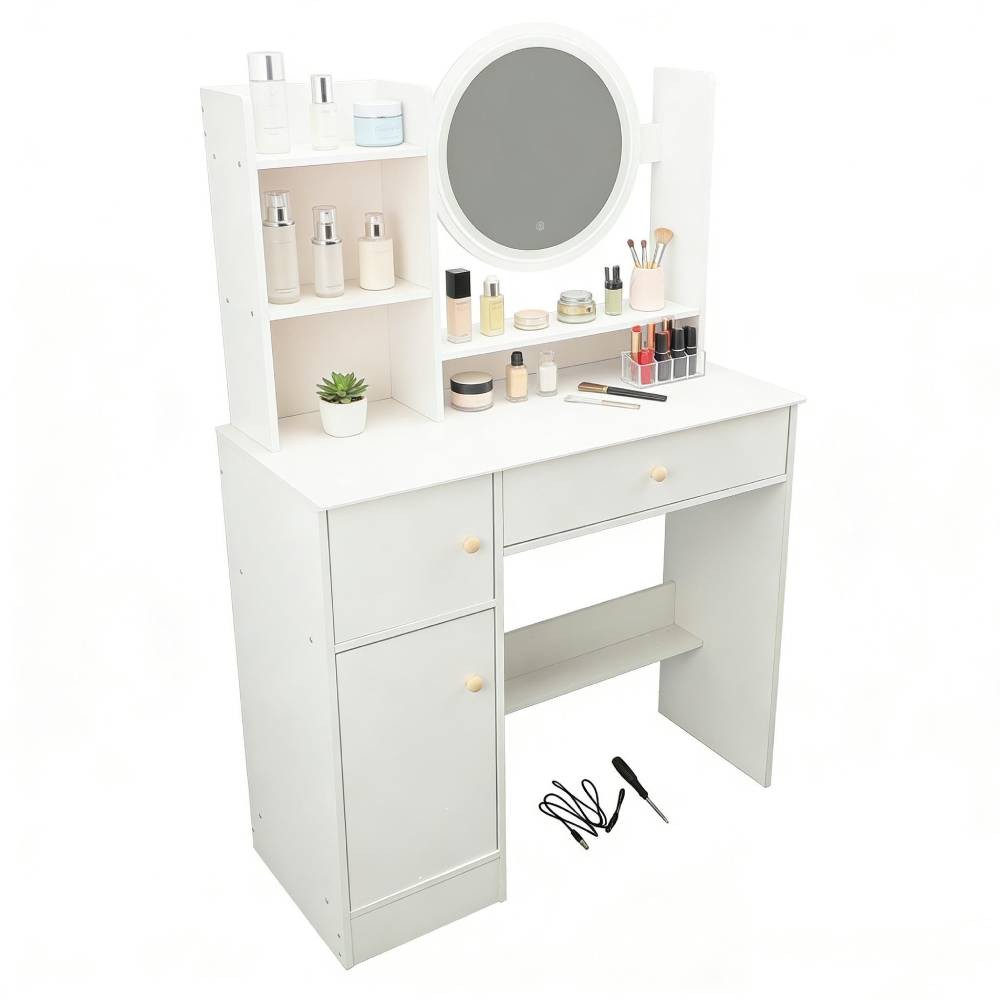 White Vanity Desk with Lights and Mirror Makeup Table Multifunction with Drawer