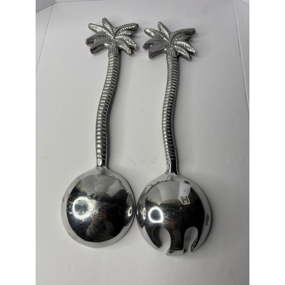 Silver Palm Tree Salad Server Set Tropical Coastal Serving Spoon and Fork India