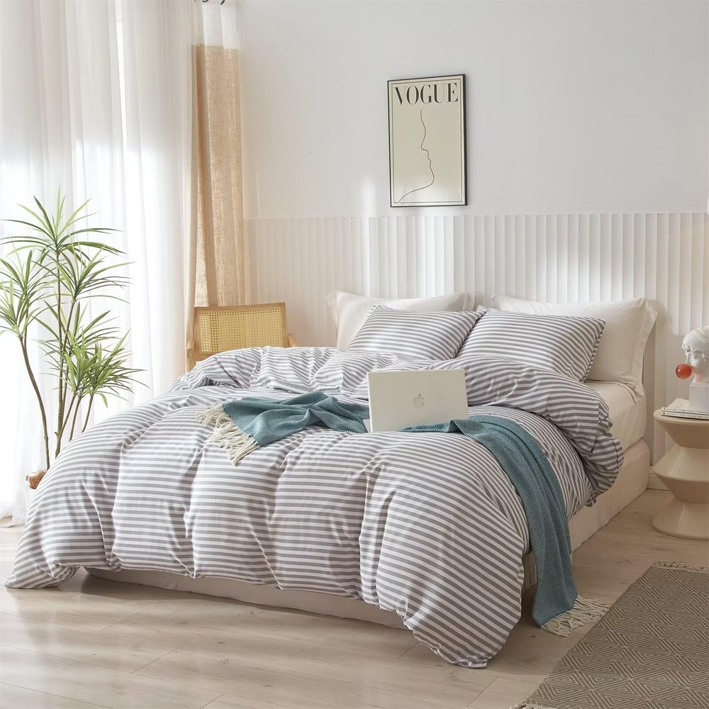 mixinni Striped Comforter Set Full Size - Grey White Stripes Pattern Bedding Set