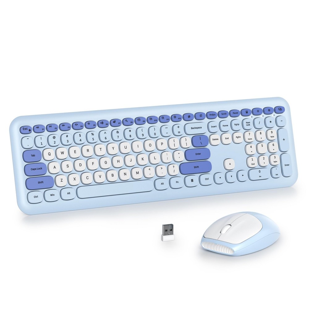 Gradient Blue Wireless Keyboard and Mouse Combo Retro Typewriter Full Size