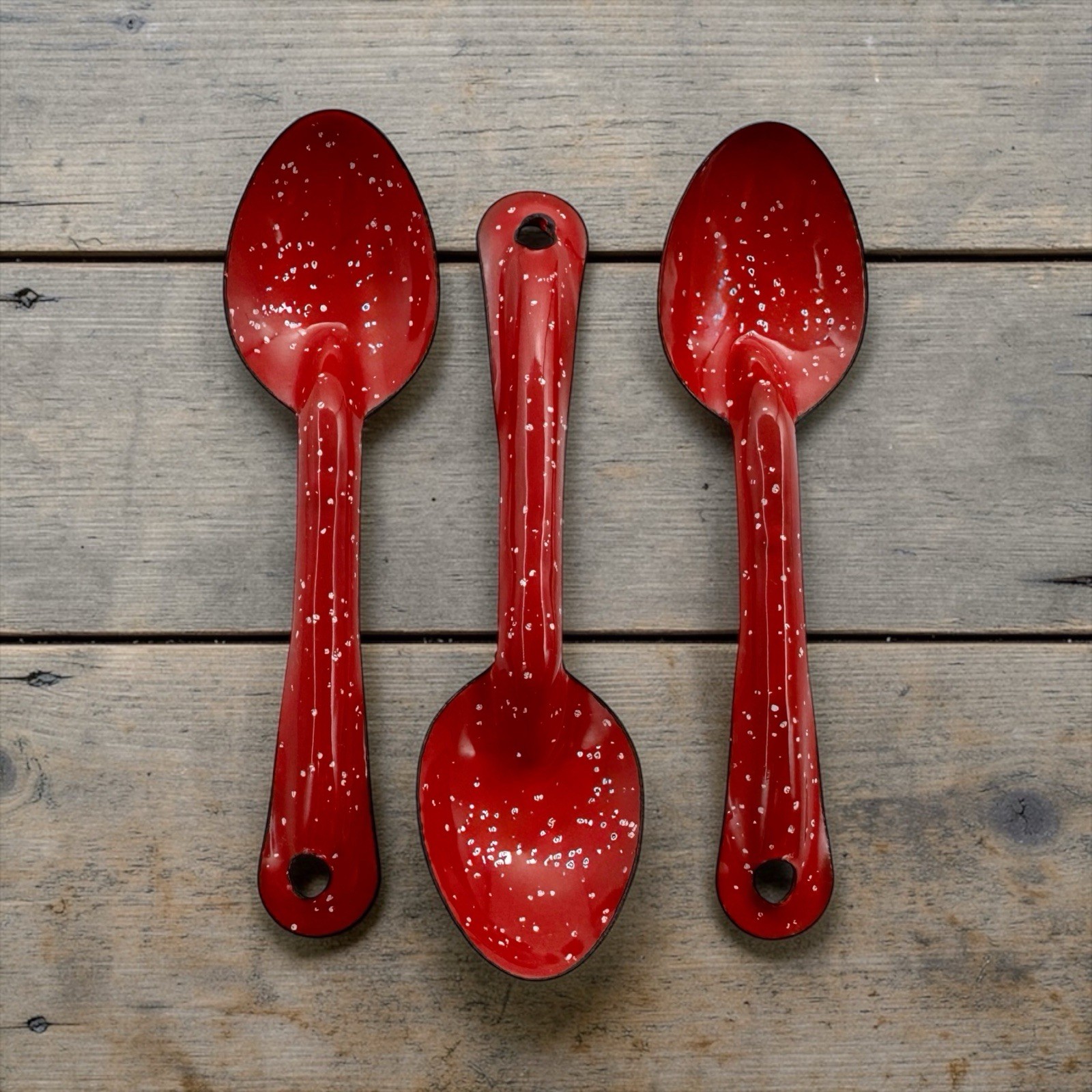 RED Speckle 6" SPOONS 3 pc Lot Vintage Enamel Metal Enamelware Camping Speckled