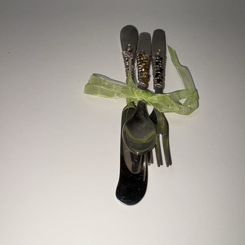 Hand Beaded Wire Wrapped Appetizer Small Spreader Fork and Spoon Set Stainless