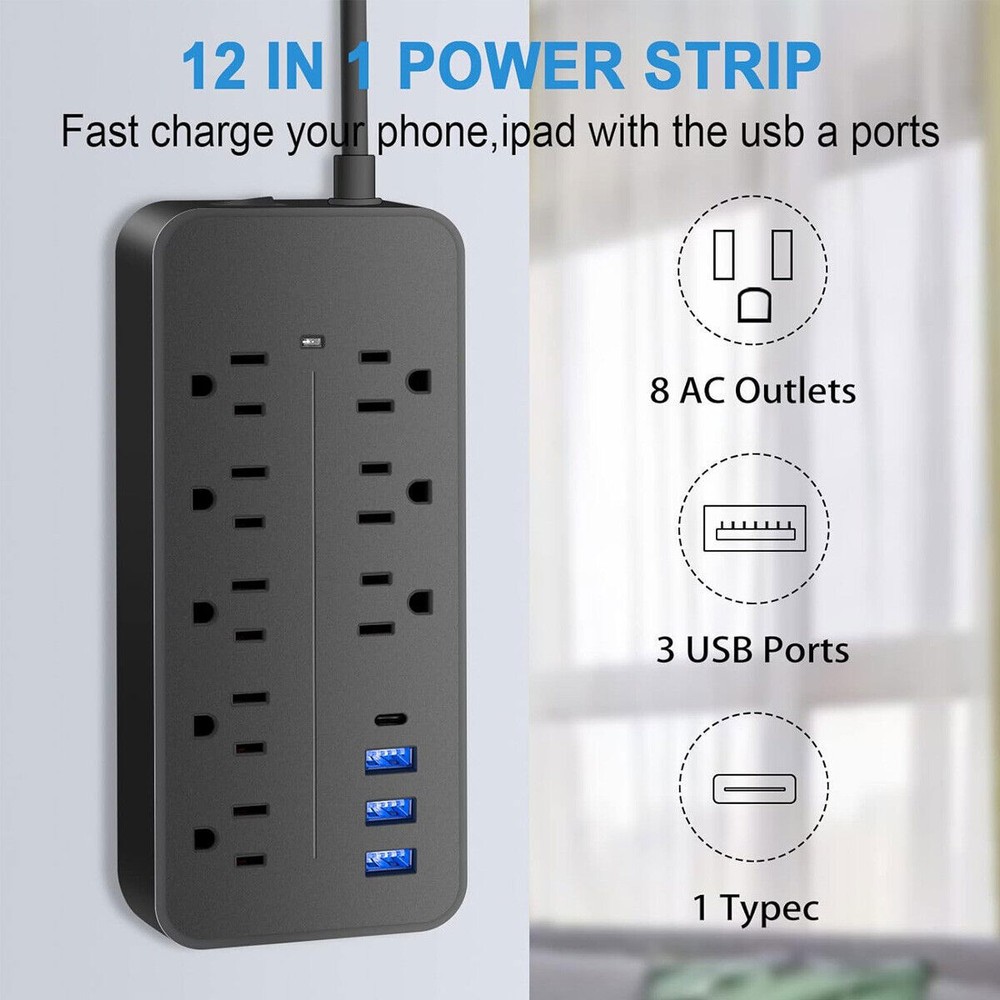 Multi Outlet Surge Protector USB Charging Power Strip Extension Cord Flat Plug