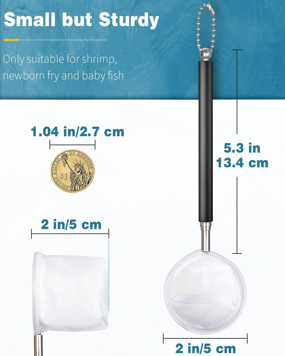 2 Inch Aquarium Fish Net Fine Mesh Shrimp Fry Tank with Extendable Steel Handle
