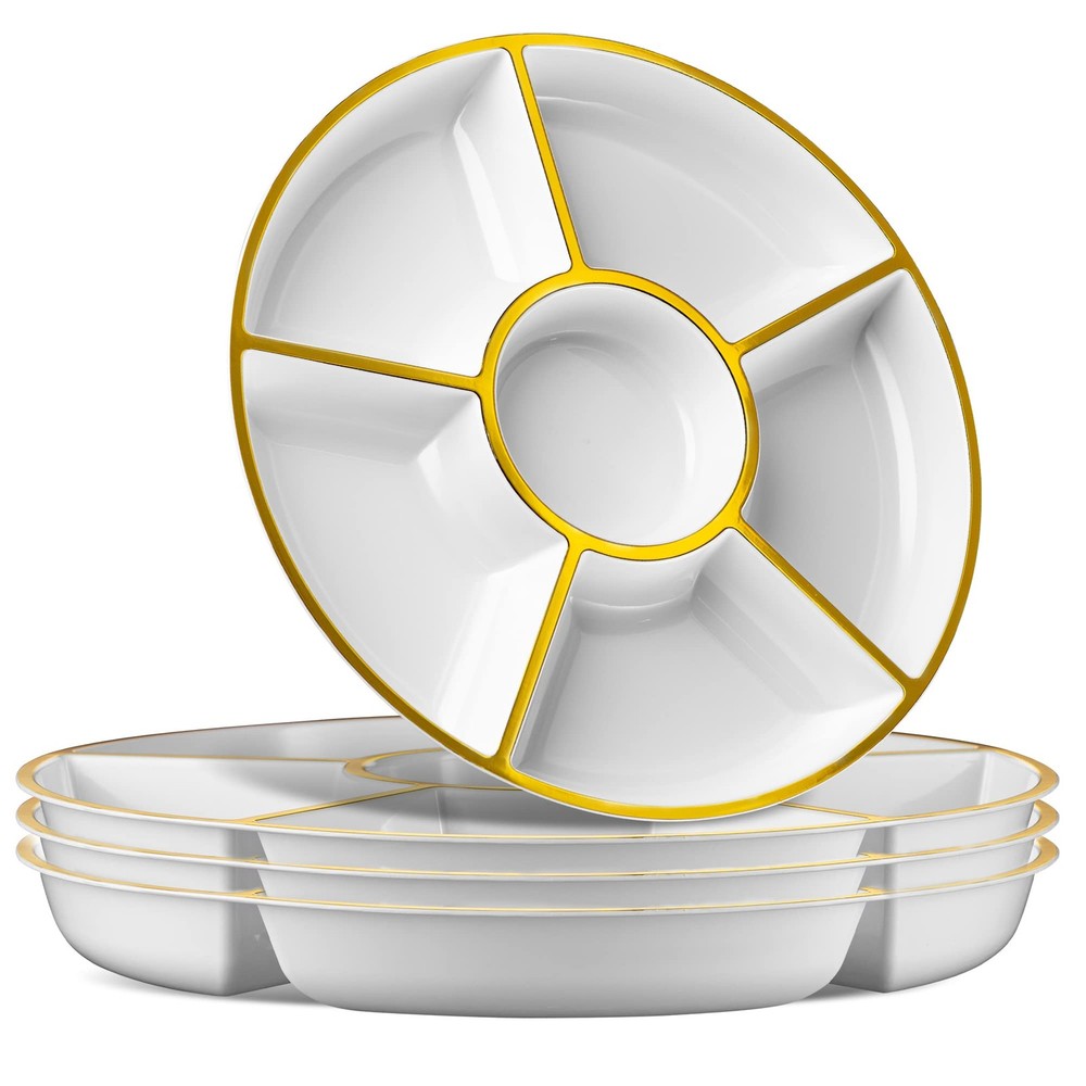 6-Section Round Plastic Serving Tray 2 Pack White and Gold Appetizer Platter
