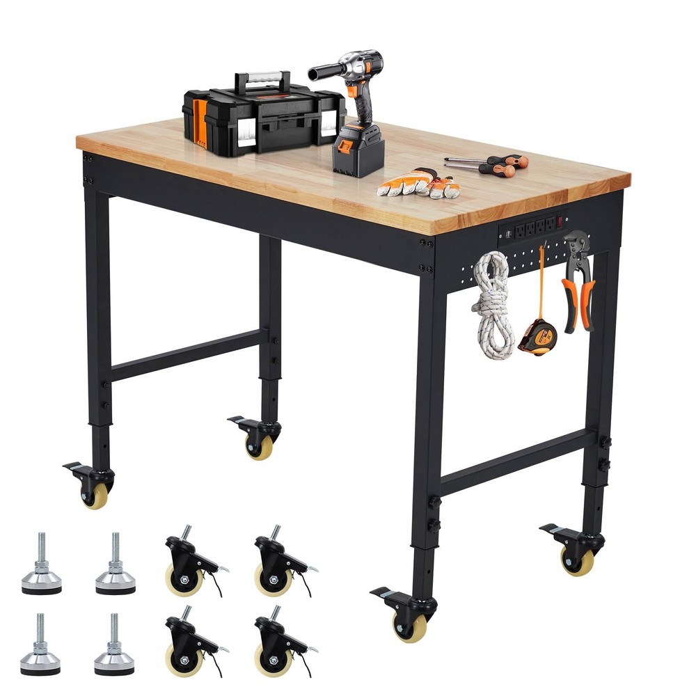 48" Adjustable Workbench ,Rubber Wood Work Table Garage w/Power Outlet & Wheels
