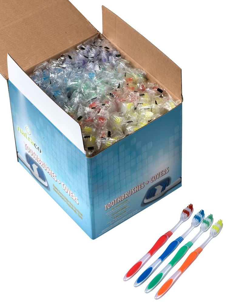 100 Bulk Toothbrushes + Caps, Individually Wrapped, Medium Soft, Multi Colors