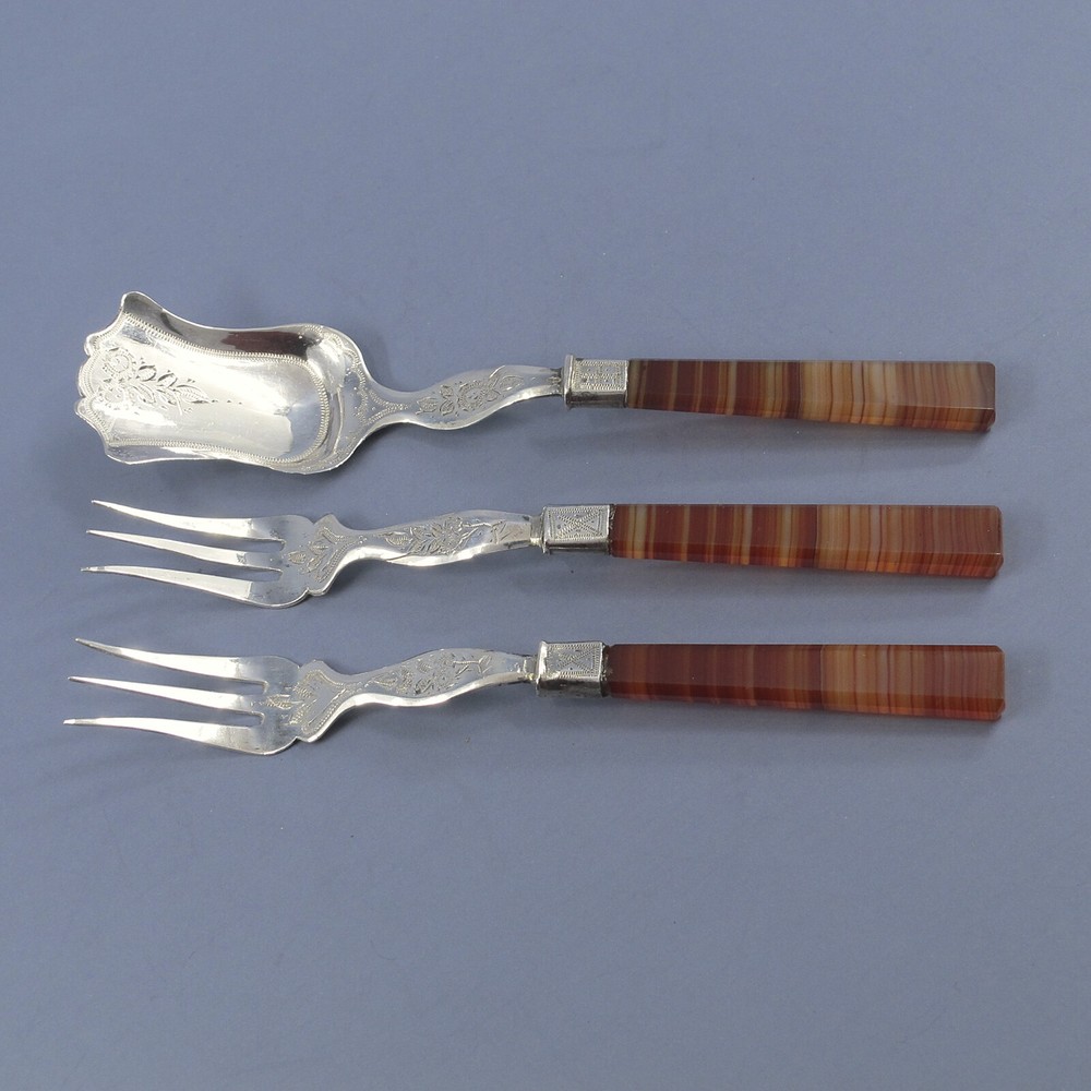 Dutch .835 Silver 3-Piece Agate Handled Serving Set 2 Forks & Server No Monogram