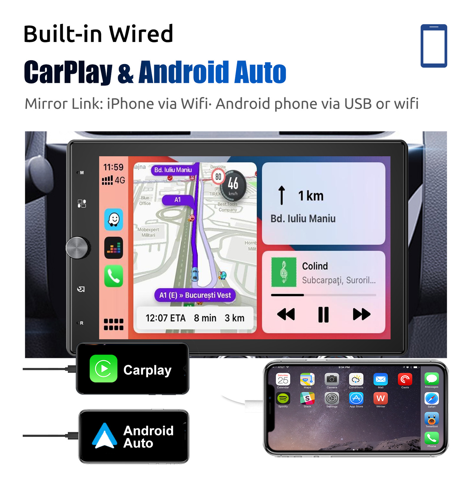10.4" Single Din Touch Screen Stereo Bluetooth Radio Apple/Android Carplay+CAM