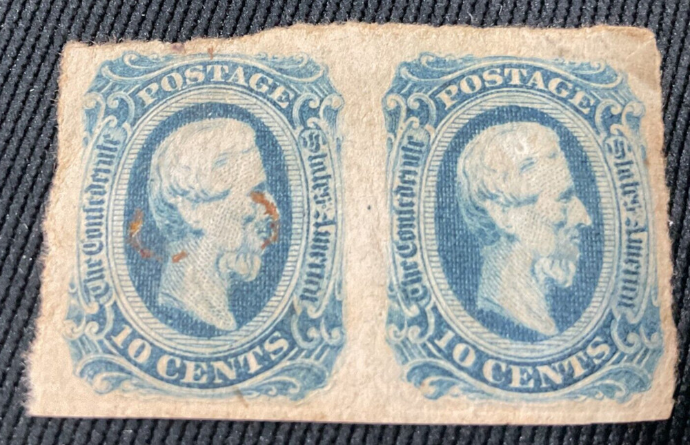 Original Confederate Jefferson Davis two attached Stamps 10 cent