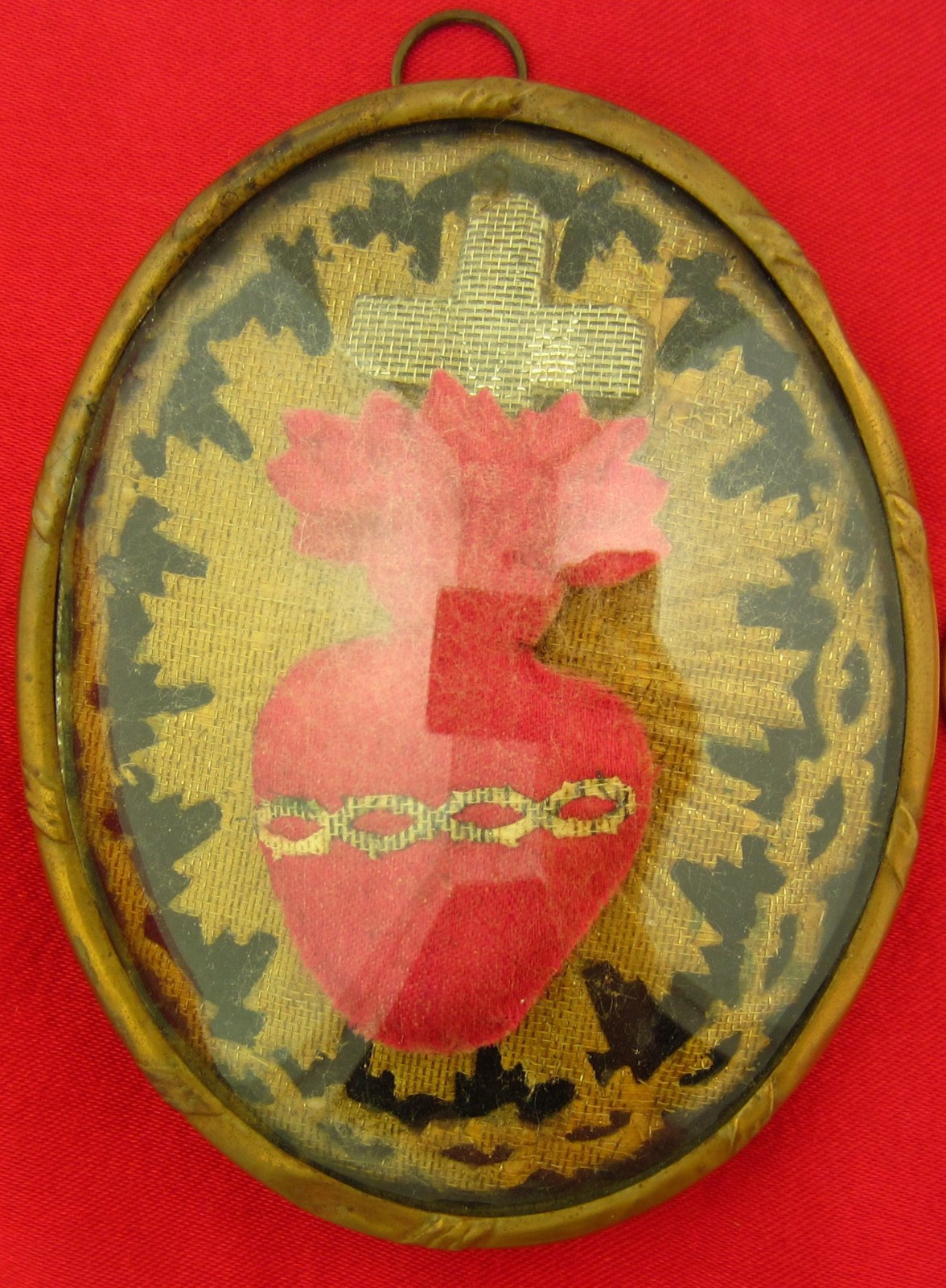 Antique SACRED HEART EX VOTO Reliquary Catholic French Domed Glass CROWN THORNS