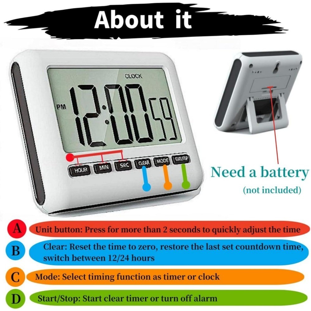 Digital Kitchen Timer with Magnetic Back, Alarm Clock, Count Up and Count Down,