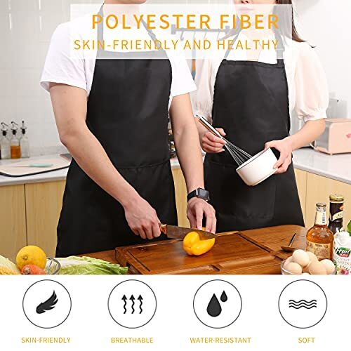 Pack Adjustable Bib Apron, Waterdrop Resistant Aprons with 2 Polyester-black