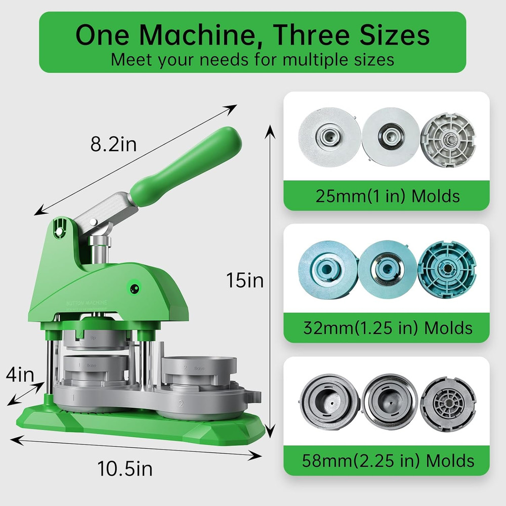 Button Maker Machine 3 Sizes, DIY Pin Making Machine 1+1.25+2.25 Inch, Interchan