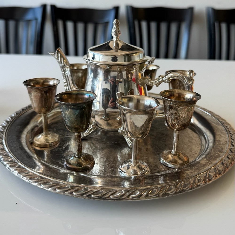 Vintage Silver Plated Coffee/tea Pot With Tray and 8 cups Set