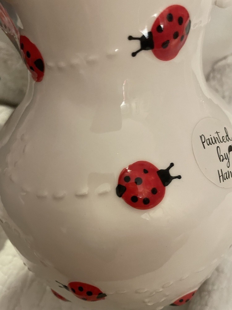 LANG By Design Hand Painted Ceramic Red Ladybugs On White Medium Size Pitcher