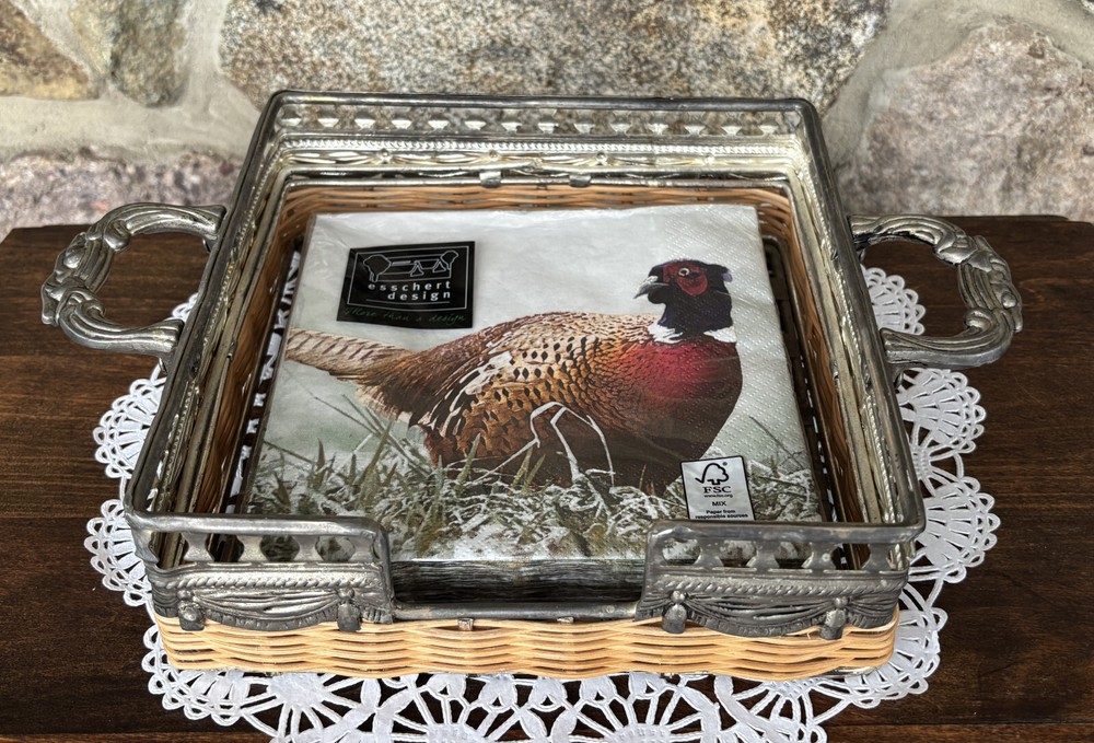 Vntg Studio Silversmith Silverplate & Bamboo Flat Dinner Napkin Holder, Handles