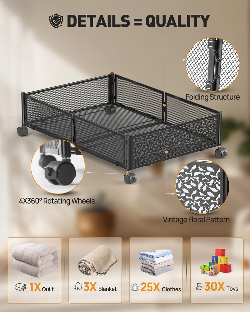 Under Bed Storage with Wheels, Foldable Pattern Carved Metal Under Bed Storag...
