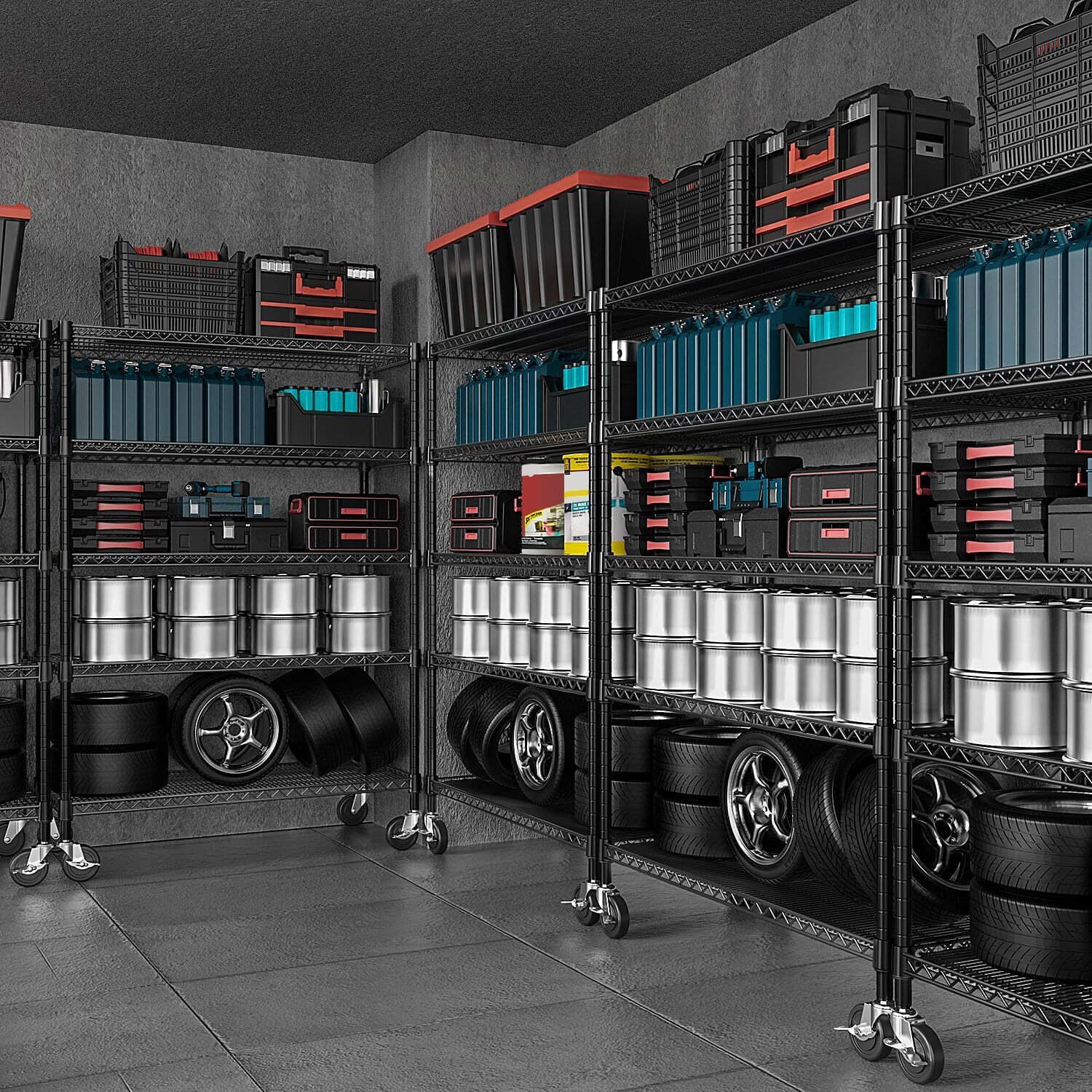 M MZG 5 Tier Heavy-duty Metal Shelves Wheel Shelves Units Adjustable Duty Rack