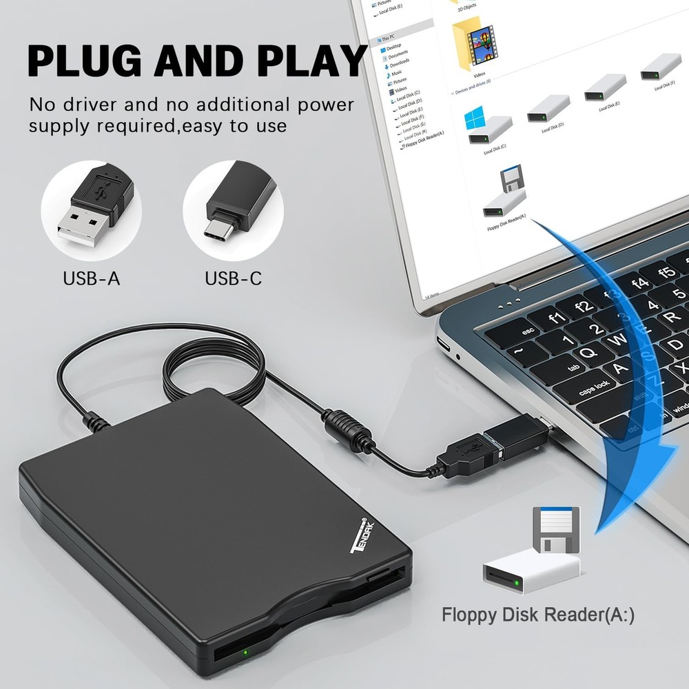 USB Floppy Disk Drive Floppy Disk Reader 3.5 inch Portable USB External 1.44M