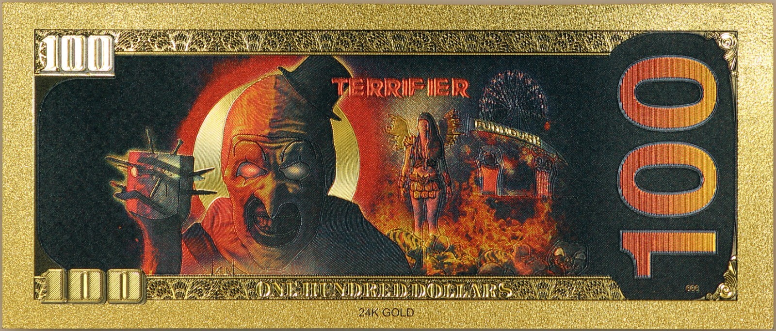 Art The Clown $100 Terrifier Full Color Note Novelty 24K Gold Plated Bill XX037