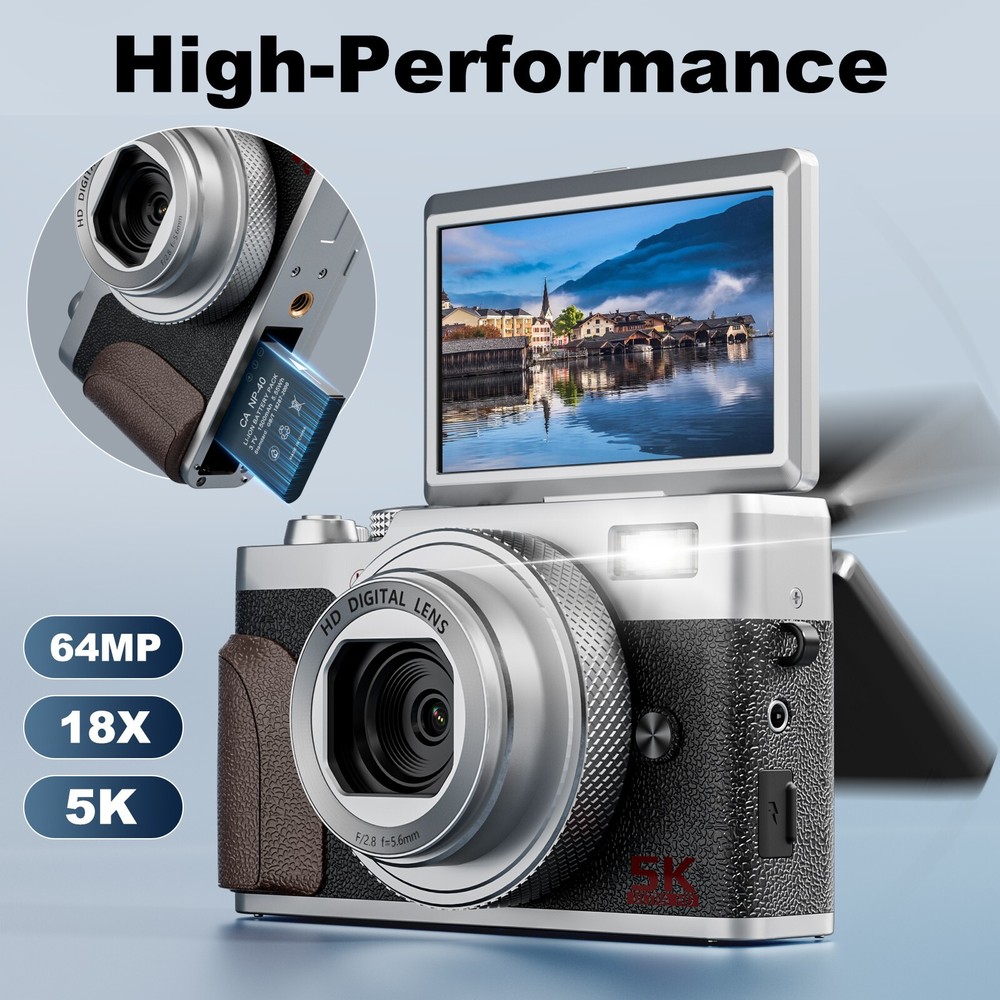 5K Digital Camera 18X 64MP Autofocus Compact Video Camera for YouTube Vlogging