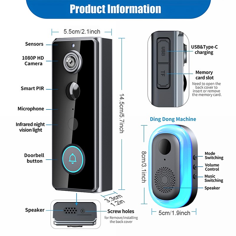 Smart Wireless WiFi Doorbell Camera Video Intercom Security PIR Human Detection