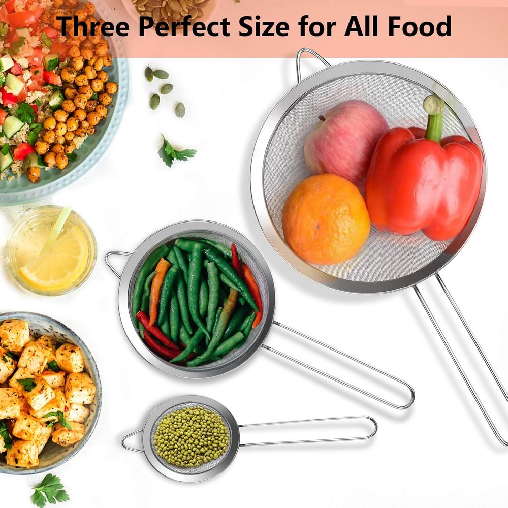 3Pcs Super Wire Extra Fine Mesh Strainer W/ Handle Small Medium Large Size