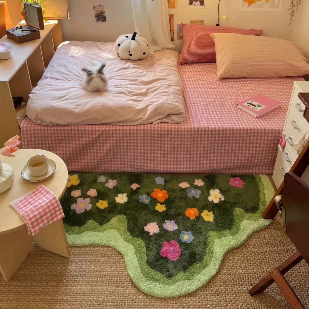 Cute Green Moss Bathroom Runner Rug Long Rectangular Boho Aesthetic Leaf Leaves