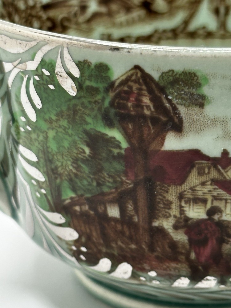 Rare Silver Overlay Pastoral Scene Poly Brown Transferware Cup