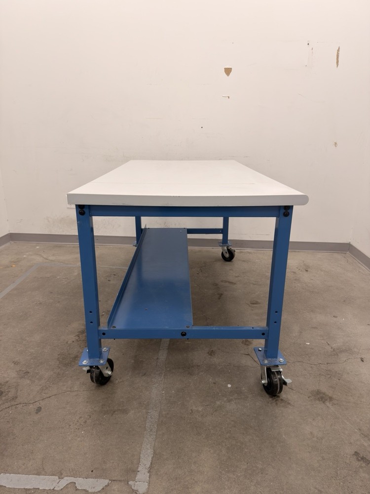 White Blue Mobile Work Bench Wheels Shelf Metal Plastic Worktop