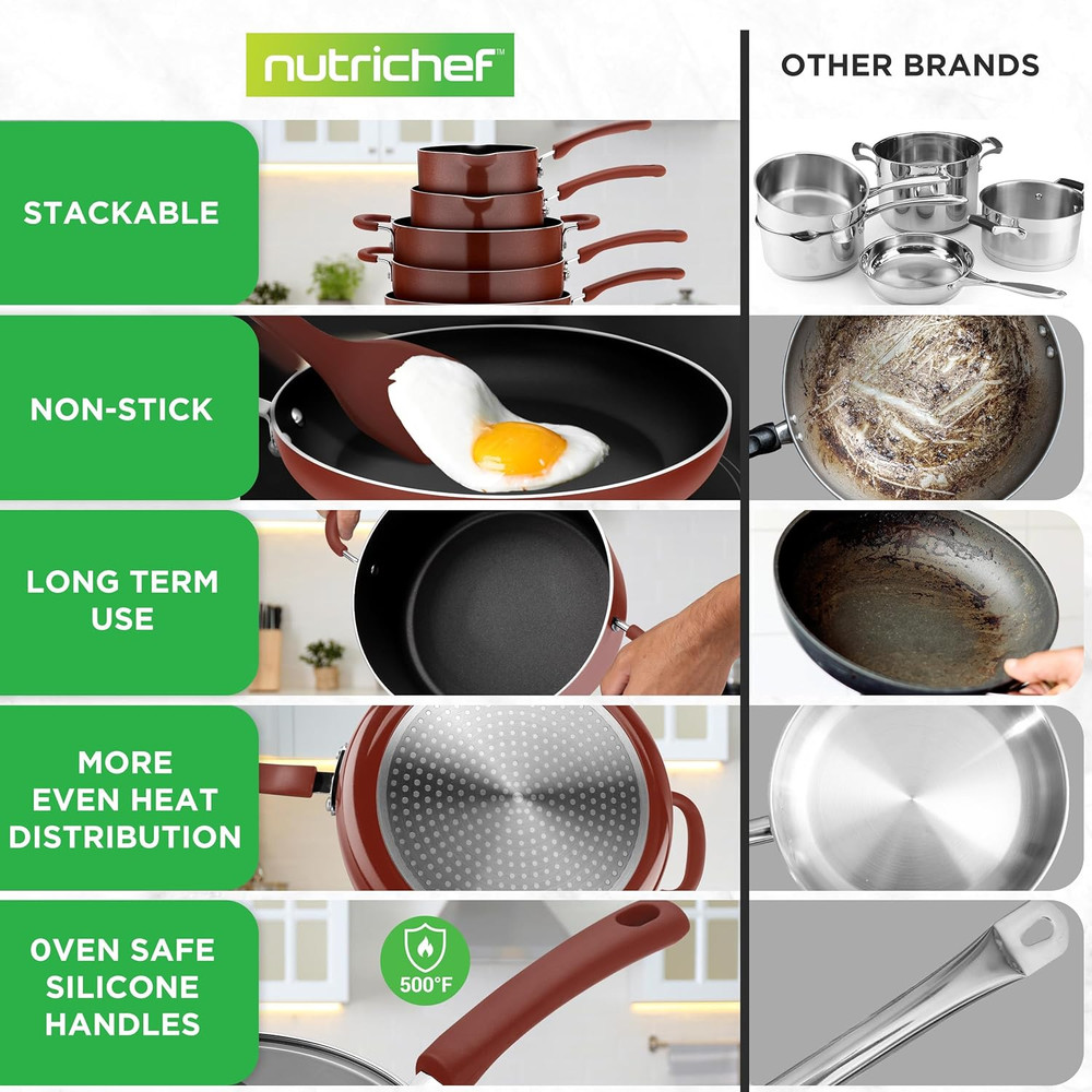 17Pcs Brown Stackable Pots and Pans Set, Nonstick Induction Cookware, Space Savi