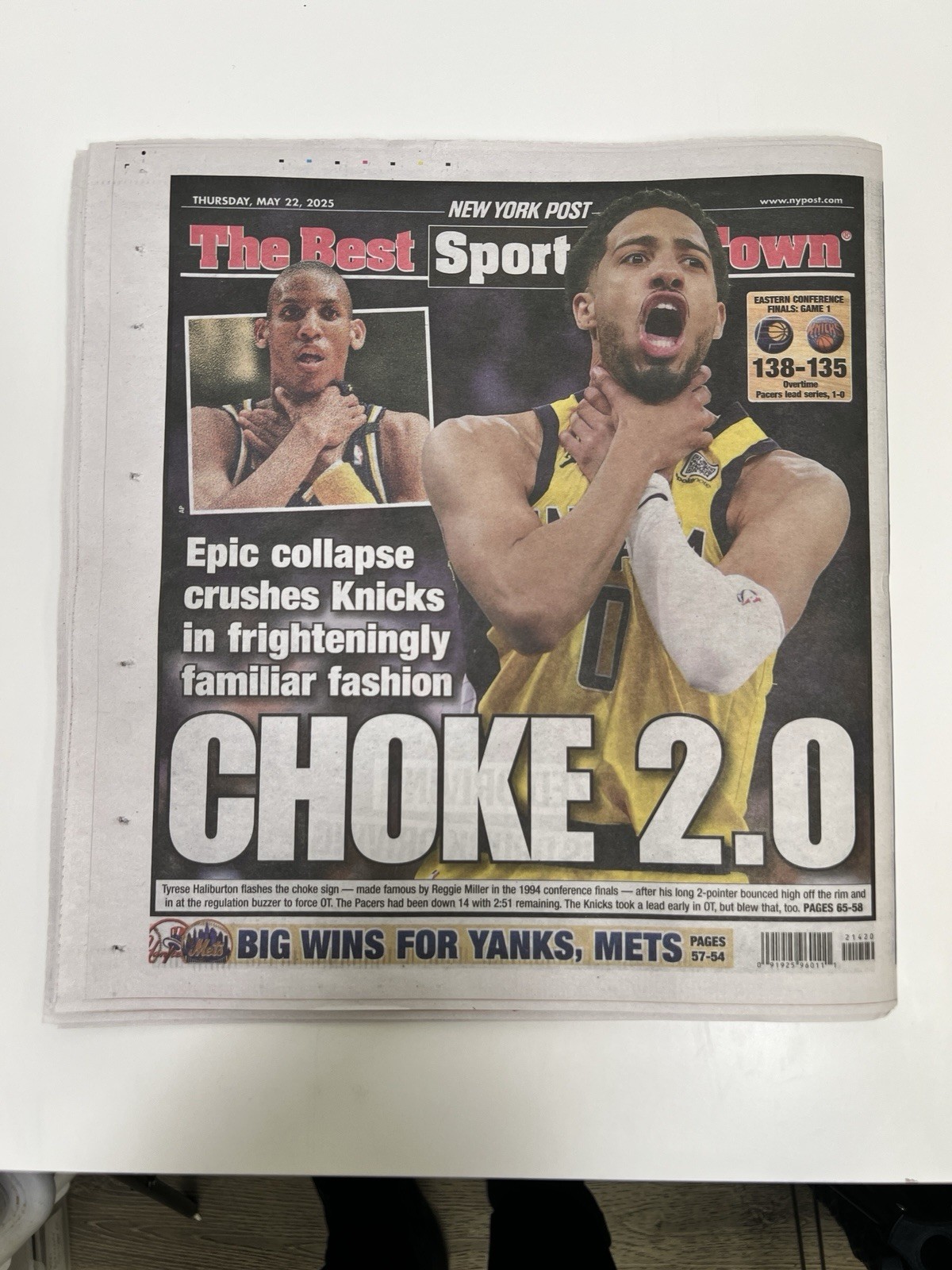 Knicks v Pacers Game 1- "CHOKE 2.0" - New York Post Newspaper 5/22/2024