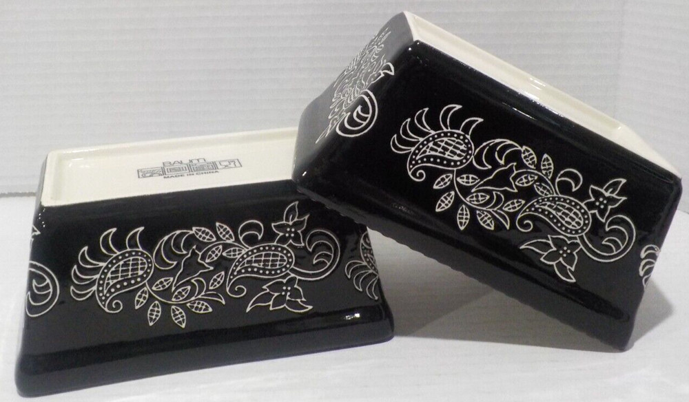 Lot 2 BAUM Small Rectangular LOAF Bakeware Dish Black White PAISLEY 6.5x4x3 *EUC