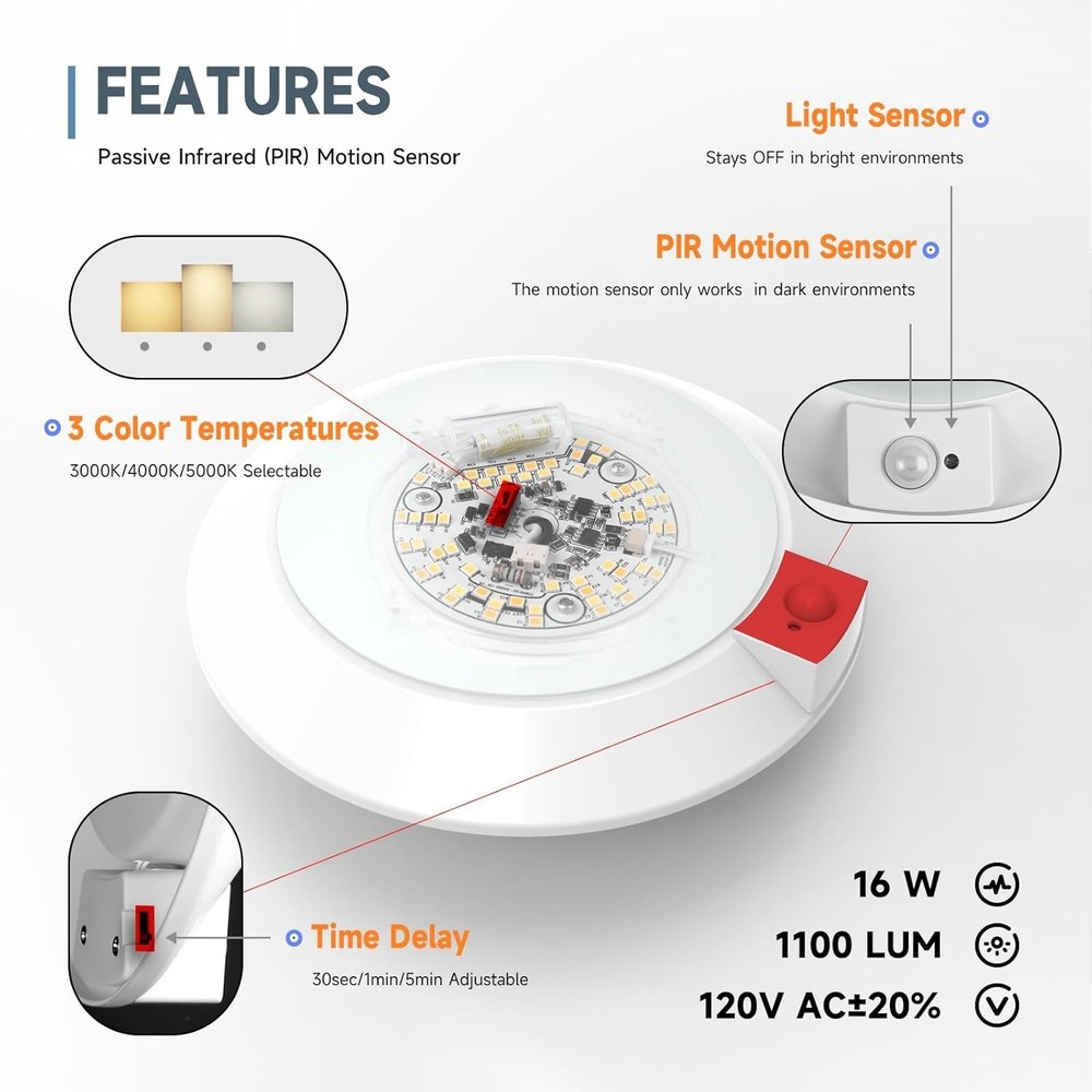 ECOELER PIR Motion Sensor Ceiling Light, 3CCT Selectable 2 - Pack, White