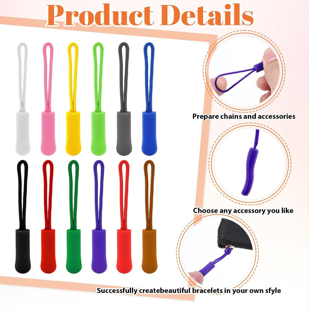 120 Pcs Zipper Pull Replacement, Strong Cord Fixer Zippers Pulls Multicolor
