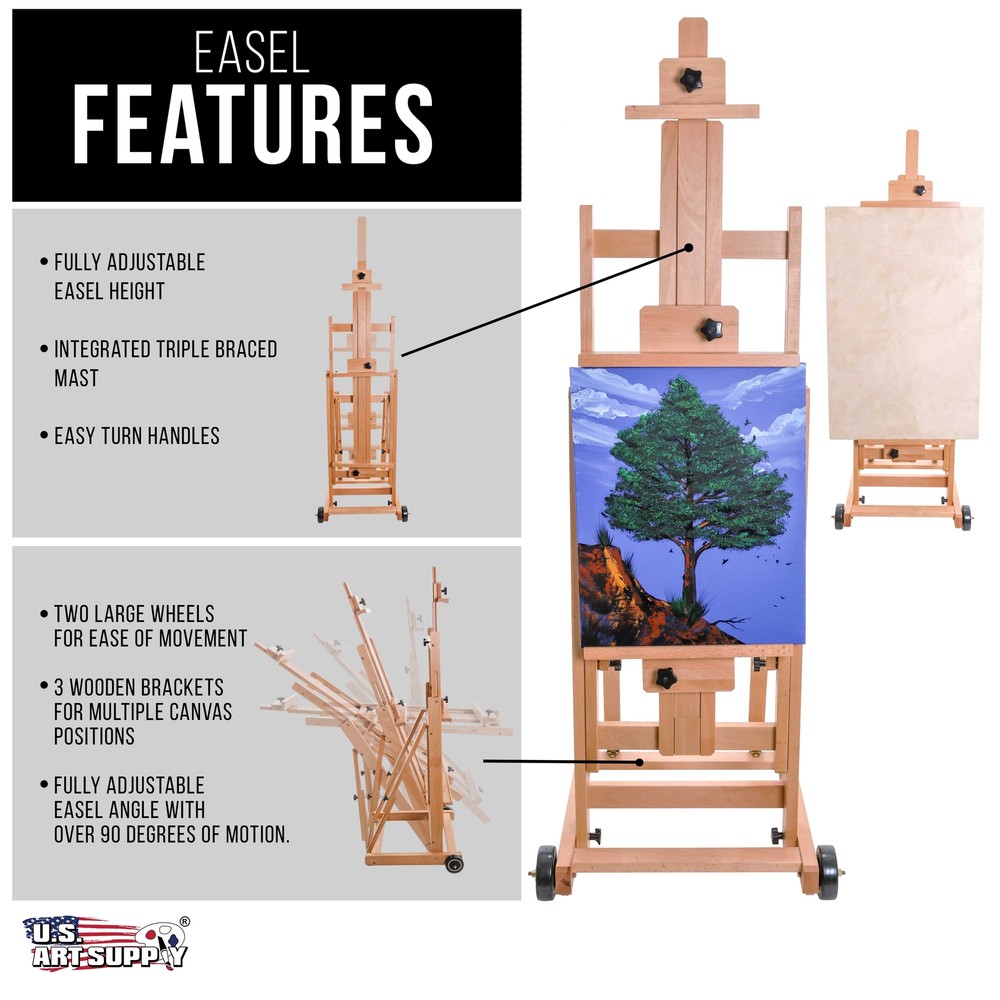 U.S. Art Supply Master Multi-Function Studio Artist Wooden Easel, Adjust H-Frame
