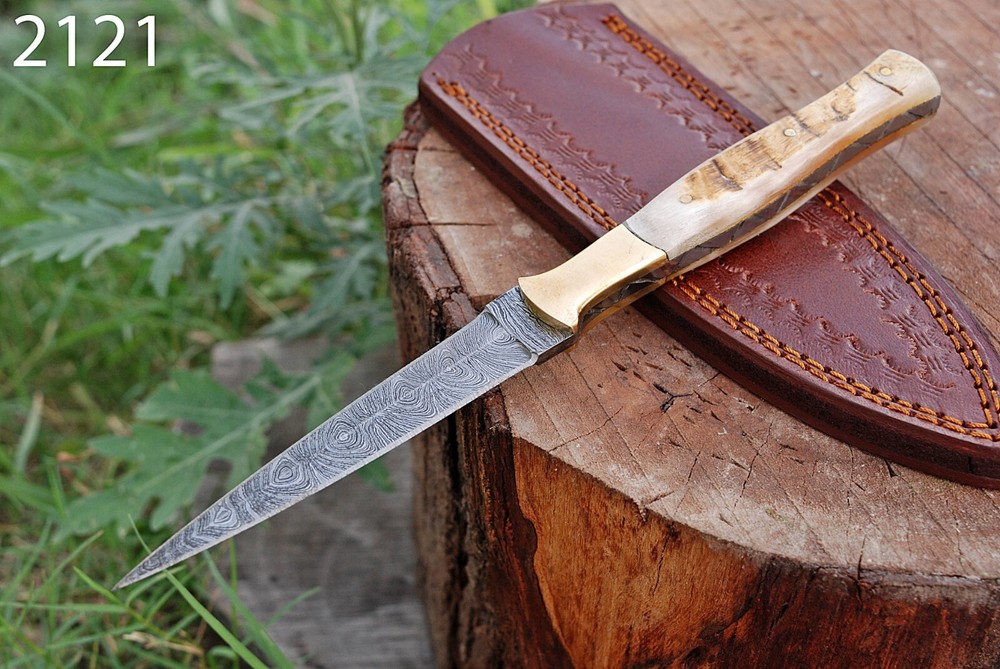 Damascus Double edged Dagger Fixed Blade Boot Knife Outdoor Hunting Throwing