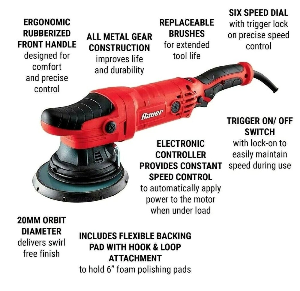 Bauer 20MM 6" 7.5 Amp Dual Action Random Orbit Polisher Buffer Variable Speed