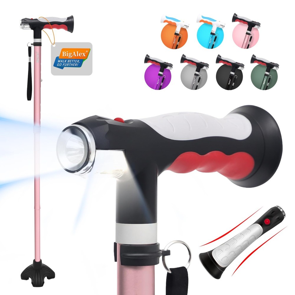 Folding Walking Cane with Two Led Lights for Elderly Solid Base Adjustable Wa...