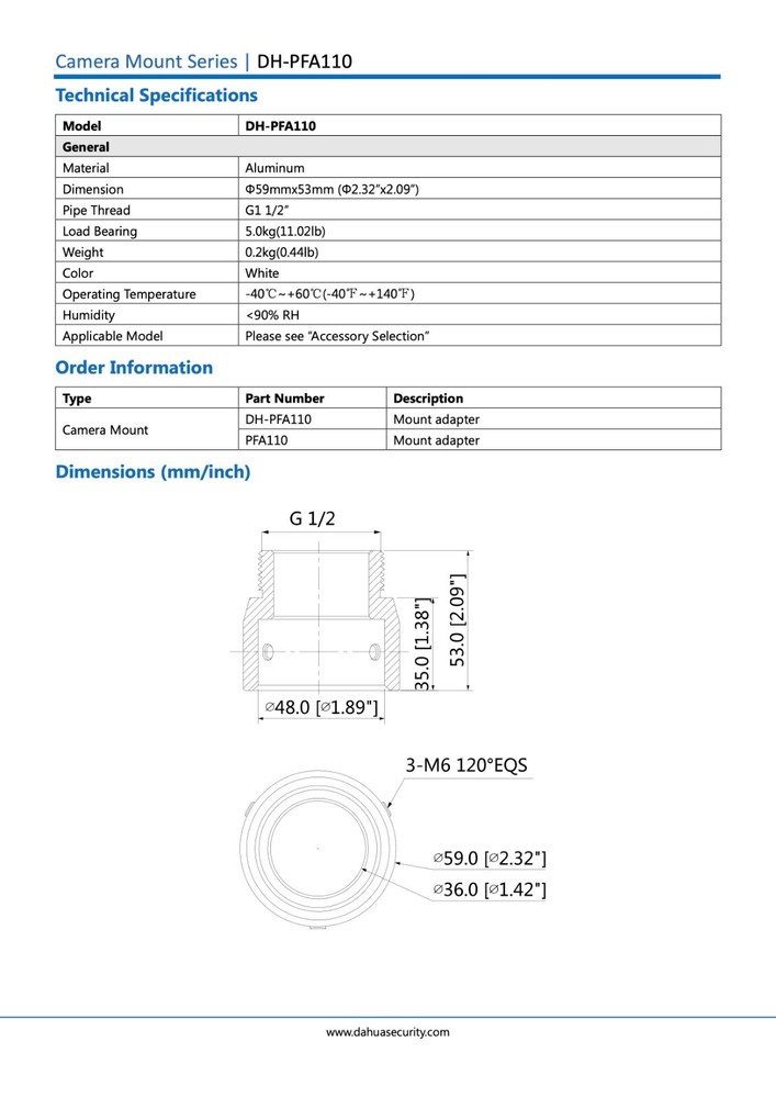 Dahua PFA110 Camera Accessory Adapter Mount