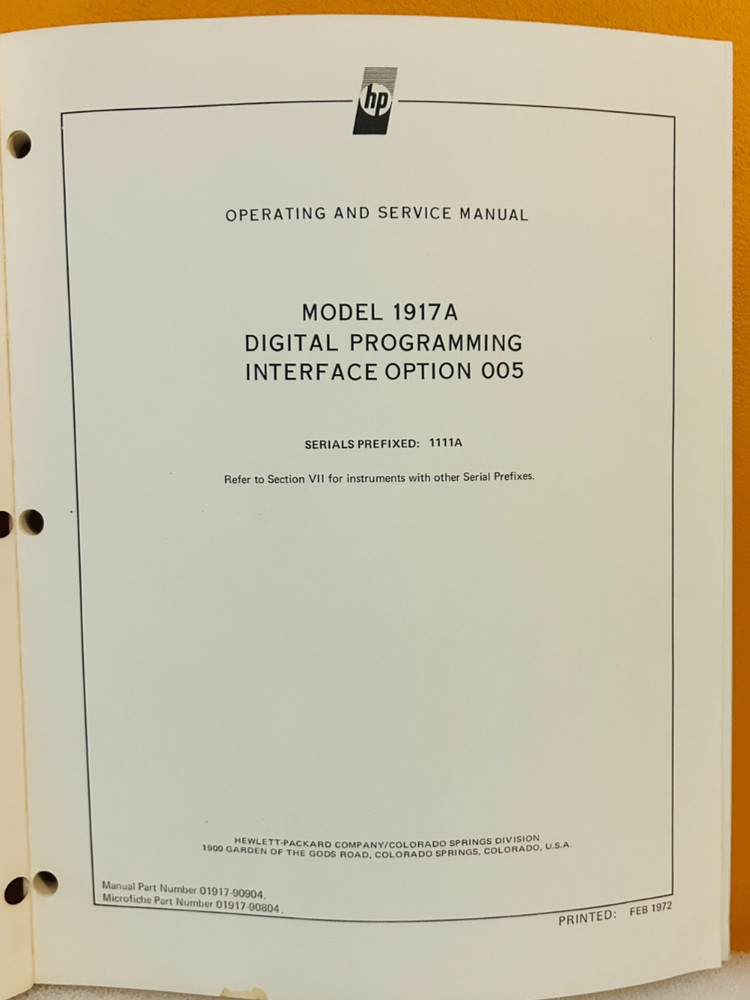 HP 01917-90904 1972 Model 1917A Digital Programming Interface Option 005 Manual.