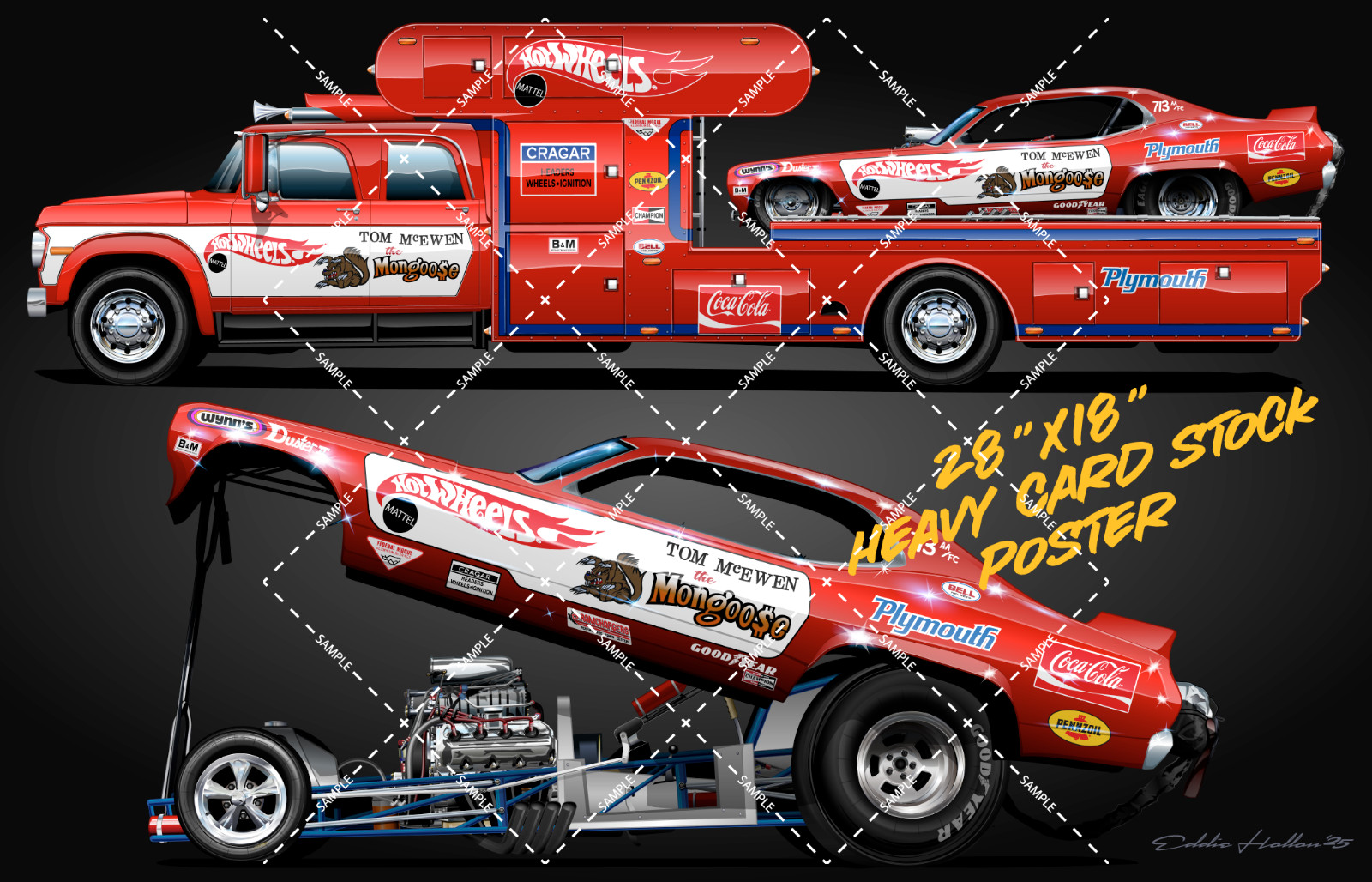 Set of 5 Snake & Mongoose I & II Funny Car & Hauler 28X18" Poster 022-026