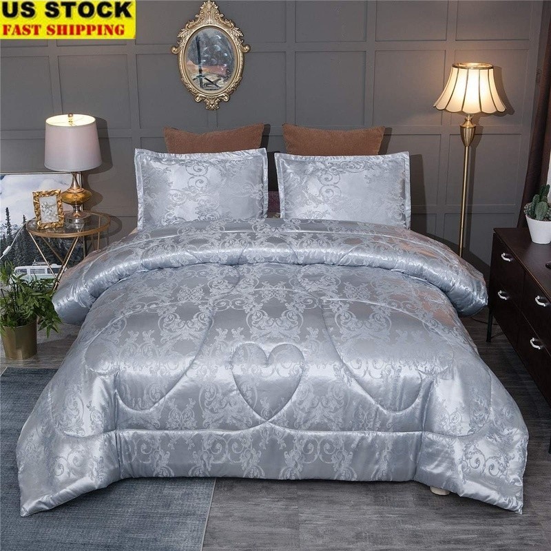 Silver Comforter Set Soft Microfiber Bedding Queen Pillow Shams Machine Washable