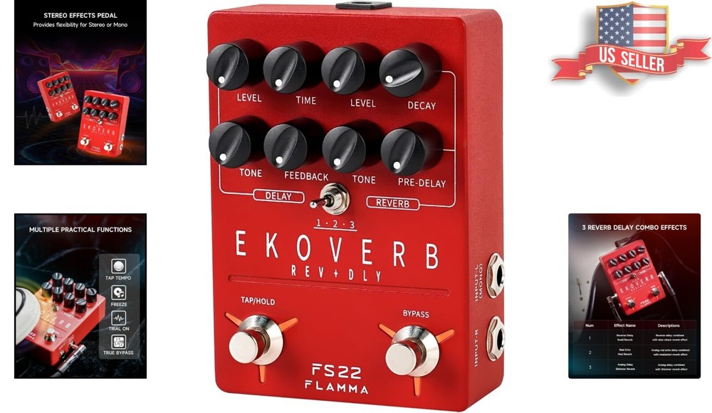 Ekoverb Ambient Guitar Pedal - 3 Delay & Reverb Effects with Trail-On Function