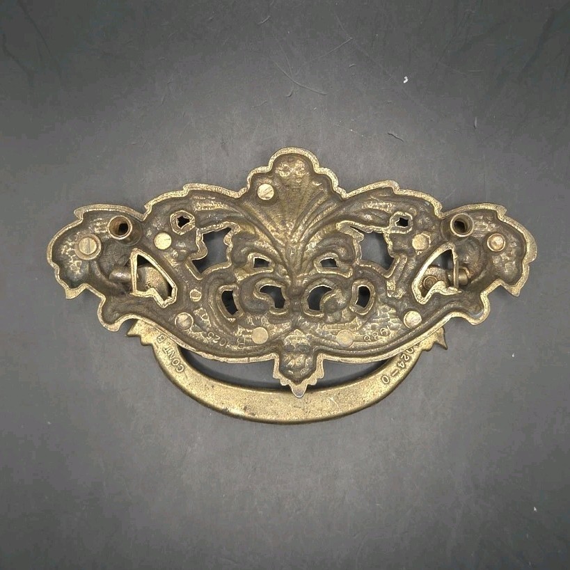 Solid Brass Ornate Drawer Pull Handle 1988 Vintage 4"x2" Stamped Bail Pull