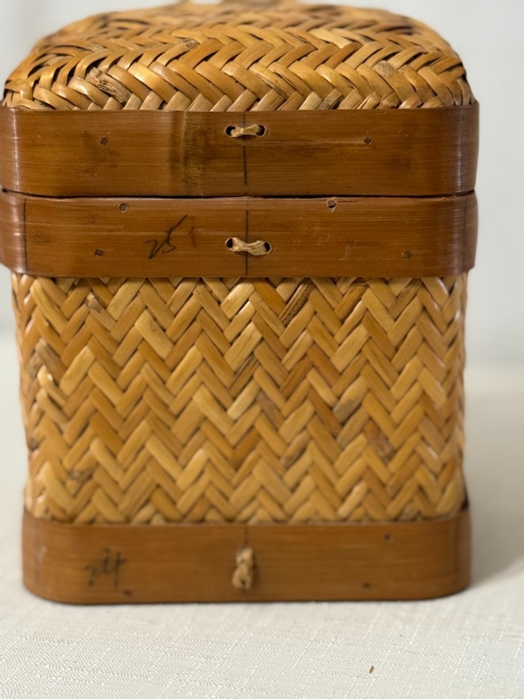 Handwoven Lidded Basket Bamboo Storage Box Boho Decor Rustic Woven