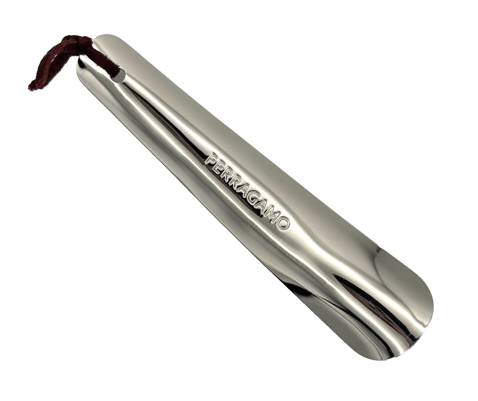 Salvatore Ferragamo New Silver Tone Metal Shoe Horn Leather Cord Strap Auth