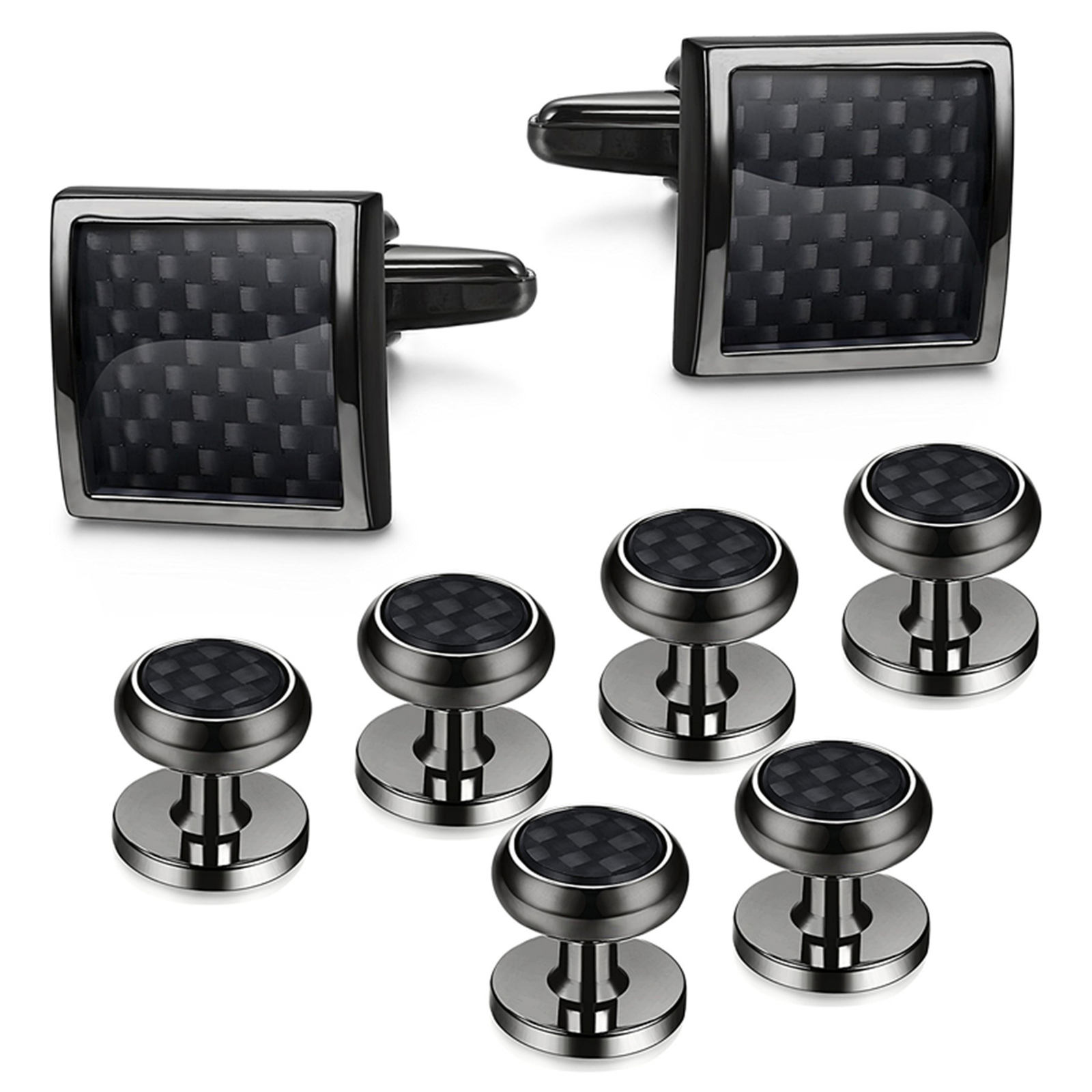 8pcs Men Carbon Fiber Tuxedo Cufflinks Shirt Wedding Buttons Cuff Links Stud Set